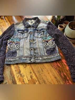 Desigual Jeans Jacket with Embroideries and Crochet